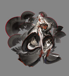 Rule 34 | 1girl, absurdres, alternate costume, butteryfly, chinese commentary, closed mouth, colored tips, commentary request, dahan jax, facial mark, flower, folding fan, full body, grey background, hair ornament, hair stick, hand fan, highres, japanese clothes, kimono, long hair, looking to the side, multicolored hair, nail polish, onmyoji, red eyes, red lips, red nails, shiranui (onmyoji), side slit, simple background, solo, toenail polish, toenails, too many, umbrella hair ornament, very long hair, white flower, white hair, wide sleeves
