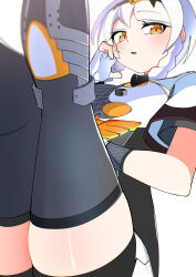 Rule 34 | 1girl, absurdres, anby demara, anby demara (silver soldier), black dress, black gloves, black hairband, black shorts, blush, braid, breasts, dress, eyebrows hidden by hair, fingerless gloves, gloves, hairband, highres, legs up, looking at viewer, matatabi tukikage, medium breasts, multicolored dress, multicolored gloves, open mouth, shirt, short dress, short hair, short shorts, shorts, sideboob, sideboob cutout, sitting, solo, turtleneck, turtleneck dress, twin braids, white background, white dress, white gloves, white hair, white shirt, yellow eyes, zenless zone zero