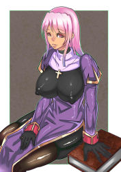 1girl alternate_color bodysuit breasts brown_thighhighs covered_erect_nipples cross cross_necklace female_focus garter_straps jewelry large_breasts long_hair necklace pink_eyes pink_hair priest_(ragnarok_online) ragnarok_online shiny_clothes solo thighhighs zxc