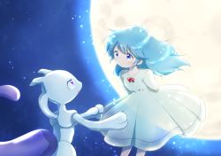 1girl amber_(pokemon) arms_behind_back blue_eyes blue_hair closed_mouth collarbone dress eye_contact floating_hair gen_1_pokemon highres legendary_pokemon long_hair looking_at_another mewtwo moon neck_ribbon nintendo pokemon pokemon:_the_first_movie_-_mewtwo_strikes_back pokemon_(anime) pokemon_(classic_anime) pokemon_(creature) purple_eyes red_ribbon ribbon smile sundress tears white_dress yuki56