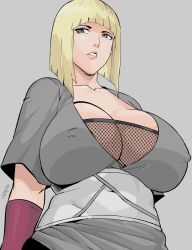 1girl absurdres blonde_hair blue_eyes bob_cut breasts cleavage covered_erect_nipples curvy fishnet_top fishnets grey_background grey_shirt highres huge_breasts naruto_(series) naruto_shippuuden ryopie samui_(naruto) shirt short_hair simple_background solo