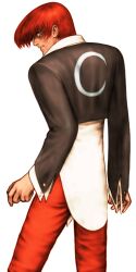 1boy capcom_vs_snk choker clenched_teeth crazy_eyes crescent from_behind game_cg highres jacket long_hair long_sleeves looking_to_the_side male_focus mori_toshiaki non-web_source official_art orochi_iori parted_lips possessed red_hair shirt smile solo teeth the_king_of_fighters unbuttoned_sleeves upper_teeth_only yagami_iori yellow_eyes