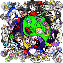 6+girls animal_ears black_bow black_eyes black_hair blonde_hair blue_eyes blue_hair blush bow broom brown_eyes brown_hair bun_cover cat_ears cat_tail character_request chen chibi cirno closed_eyes closed_mouth commentary_request crescent crescent_hat_ornament crossed_arms cup double_bun everyone frog_hair_ornament fujiwara_no_mokou gap_(touhou) green_eyes green_hair grey_hair hair_bow hair_bun hair_ornament hair_tubes hakurei_reimu hand_fan hat hat_ornament head_wings highres holding holding_cup holding_fan holding_polearm holding_sword holding_weapon hong_meiling horns houraisan_kaguya inaba_tewi izayoi_sakuya koakuma kochiya_sanae mogura-san_(dra1dra3dra2) mouse_ears multicolored_hair multiple_girls nazrin necktie one_eye_closed orange_hair patchouli_knowledge pink_hair polearm purple_hair rabbit_ears red_bow red_eyes red_hair red_necktie reisen_udongein_inaba sakazuki skirt sword tail torii touhou weapon wings yagokoro_eirin yakumo_ran yakumo_yukari yellow_eyes