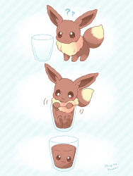 Rule 34 | :3, ?, ??, artist name, blue background, blush, brown eyes, closed mouth, commentary request, cup, drinking glass, eevee, gen 1 pokemon, in container, in cup, liquid, mugita konomi, nintendo, no humans, pokemon, pokemon (creature), striped background