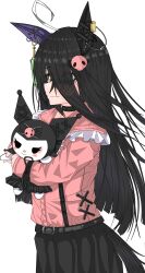 1girl absurdres ahoge animal_ears belt black_belt black_hair black_skirt blush closed_mouth doll ear_covers ear_tag earrings embarrassed eyes_visible_through_hair hair_between_eyes highres holding holding_doll horse_ears horse_girl horse_tail jewelry kuromi long_hair long_hair_between_eyes long_sleeves manhattan_cafe_(umamusume) multicolored_hair pink_shirt pleated_skirt sanrio shirt shirt_tucked_in simple_background single_earring skirt solo tail torakichipravda_(1210_sagiri) umamusume variant_set very_long_hair white_background white_hair