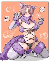 1girl ? absurdres animal_ear_fluff animal_ears arimura_mao asymmetrical_bangs bare_shoulders bikini black_bikini black_claws blue_eyes blunt_bangs blush boots border bow breasts breasts_apart bud0ugrape cameltoe claw_pose claws commentary_request cosplay criss-cross_straps curtained_hair detached_collar dot_nose elbow_gloves embarrassed eyebrows_hidden_by_hair fake_animal_ears fake_claws fake_tail flustered full-face_blush full_body fur-trimmed_bikini fur-trimmed_boots fur-trimmed_gloves fur_bikini fur_collar fur_scarf fur_trim fur_wrist_cuffs furrowed_brow gakuen_idolmaster gloves gluteal_fold groin half-closed_eyes halloween halloween_costume hands_up head_tilt heavy_breathing high_heel_boots high_heels highres idolmaster invisible_floor large_breasts legs_folded long_eyelashes mash_kyrielight mash_kyrielight_(dangerous_beast) mash_kyrielight_(dangerous_beast)_(cosplay) multicolored_bikini narrowed_eyes navel neck_fur nose_blush o-ring o-ring_bikini open_mouth orange_background outline outside_border parted_bangs partially_visible_vulva peanut_mouth pink_bow pink_hair purple_bikini purple_gloves purple_scarf purple_tail purple_thighhighs purple_trim purple_wrist_cuffs raised_eyebrows raised_inner_eyebrows red_pupils revealing_clothes scarf shadow short_hair sidelocks solo speech_bubble spread_legs squatting squinting steam stomach striped_blush sweat swimsuit tail tearing_up thick_eyelashes thick_thighs thigh_boots thighhighs thighs tiptoes two-tone_bikini two-tone_gloves two-tone_thighhighs underboob very_sweaty white_background white_boots white_border white_gloves white_outline wide_hips wrist_cuffs