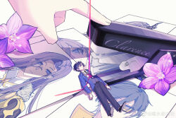1boy absurdres bellflower black_necktie black_pants black_shoes blazer blue_hair blue_jacket chinese_bellflower chinese_commentary clarence_clayden clarence_clayden_(awakening) clarence_clayden_(eden) clarence_clayden_(godheim) clarence_clayden_(spirit_world) closed_eyes collared_shirt curtained_hair flower full_body glasses grey_vest hair_between_eyes highres jacket long_sleeves lovebrush_chronicles lying male_focus mini_person miniboy mole mole_under_eye necktie on_back open_clothes open_jacket out_of_frame pants parted_lips photo_(object) pink_ribbon purple_flower ribbon shirt shoe_soles shoes short_hair solo_focus stapler vest watermark weibo_watermark white_background white_shirt wufei_chi_chu