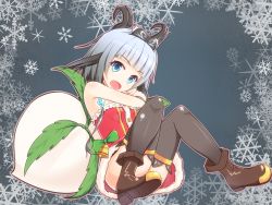 1girl :o battlegaregga black_thighhighs blue_eyes blue_hair christmas dragon_girl dragon_horns dress female_focus horns matching_hair/eyes open_mouth rune_factory rune_factory_4 short_hair solo syelzaweed thighhighs turnip