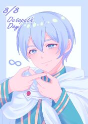 Rule 34 | 1boy, absurdres, arms up, border, closed mouth, commentary request, crossed fingers, double-parted bangs, fuwafuwallen, grey border, grey eyes, highres, looking at viewer, male focus, octopath traveler, octopath traveler ii, outside border, short hair, simple background, smile, solo, temenos mistral, upper body, white background