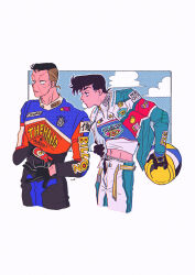 2boys absurdres aqua_jacket black_gloves black_hair black_male_underwear character_name chromatic_aberration cloud collared_jacket collared_shirt copyright_name diamond_wa_kudakenai facial_mark gloves halftone heart helmet higashikata_josuke highres jacket jojo_no_kimyou_na_bouken looking_at_another looking_to_the_side male_focus male_underwear midriff multicolored_hair multiple_boys navel nijimura_okuyasu open_clothes open_fly open_jacket outline pants peace_symbol pompadour print_shirt racing_suit shirt short_hair star_(symbol) t_0nd two-tone_hair underwear unworn_headwear very_short_hair white_outline white_pants