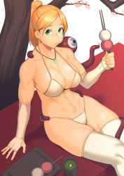 1girl absurdres bare_shoulders bikini blonde_hair breasts cheek_bulge cherry_blossoms cleavage dango dyun eating elbow_gloves fingerless_gloves food gloves green_eyes highres holding jewelry large_breasts looking_at_viewer medium_hair monster navel necklace original ponytail sanshoku_dango sitting solo swimsuit tentacles thighhighs tree wagashi white_bikini white_gloves white_thighhighs