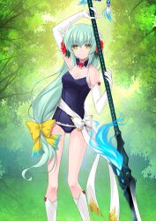 Rule 34 | 1girl, aqua hair, arm above head, bare shoulders, black (artist), blue collar, blue fire, blue one-piece swimsuit, bow, breasts, cleavage, closed mouth, collar, collarbone, covered navel, dragon girl, dragon horns, elbow gloves, fate/grand order, fate (series), fire, flower, gloves, gluteal fold, green background, hair between eyes, hair bow, hair flower, hair ornament, hand up, holding, holding polearm, holding weapon, horns, kiyohime (fate), kiyohime (fate/grand order), kiyohime (swimsuit lancer) (fate), kiyohime (swimsuit lancer) (second ascension) (fate), legs apart, long hair, looking at viewer, low-tied long hair, medium breasts, official art, one-piece swimsuit, polearm, red flower, sash, school swimsuit, sidelocks, smile, socks, solo, spaghetti strap, spear, standing, swimsuit, third-party source, variant set, very long hair, weapon, white bow, white gloves, white horns, white sash, white socks, yellow bow, yellow eyes