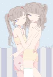 2girls back blue_eyes boyshort_panties bra brown_hair cigarette eyelashes fingernails heart heart-shaped_pupils highres hug long_hair makyuuu_(mmdy) multiple_girls one_eye_closed original pink_bra signature stoned symbol-shaped_pupils thighhighs topless_female twintails underwear white_thighhighs