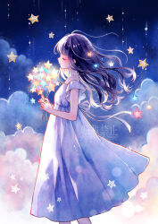 1girl black_hair breasts closed_eyes closed_mouth commentary_request cowboy_shot dress floating_hair from_side ginniroya highres long_hair night night_sky original outdoors ribbon short_sleeves sky small_breasts smile solo star_(symbol) sundress white_dress white_ribbon