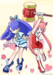 2girls absurdres aldera_(puyopuyo) amy_rose amy_rose_(cosplay) animal_ears arms_up artist_name blue_boots blue_bow blue_eyes blue_hair blue_lightsaber blue_shirt blue_shorts blue_skirt blue_vest boots bow bracelet braid brooch butterfly_brooch butterfly_earrings butterfly_hair_ornament capelet closed_mouth commentary cosplay cure_aqua cure_aqua_(cosplay) detached_sleeves dress earrings energy_sword flower frilled_sleeves frills full_body gloves hair_flower hair_ornament hairband hammer heart highres holding holding_hammer holding_sword holding_weapon jewelry knee_boots lightsaber long_hair looking_at_viewer magical_girl miniskirt motimoti_mgmg multiple_girls nasos_(puyopuyo) official_alternate_costume open_mouth pink_flower pink_hair pink_rose ponytail precure puffy_short_sleeves puffy_sleeves puyopuyo puyopuyo_quest red_boots red_dress red_hairband rose shirt short_sleeves shorts shorts_under_skirt single_braid skirt sleeveless sleeveless_dress smile sonic_(series) standing standing_on_one_leg star_(symbol) sword toy_hammer twintails twitter_username very_long_hair vest weapon white_capelet white_gloves yellow_eyes yes!_precure_5
