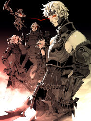 2girls 3boys animal_ears ark_angel ark_angel_ev ark_angel_gk ark_angel_hm ark_angel_mr ark_angel_tt armor bare_shoulders beard bellpepperart black_armor breasts cat_ears closed_mouth colored_sclera colored_skin commentary commission curtained_hair dual_wielding elf elvaan english_commentary facial_hair facial_mark final_fantasy final_fantasy_xi floating forehead_protector galka gauntlets glowing glowing_eyes hat highres holding holding_scythe holding_shield holding_sword holding_weapon hume medium_breasts mithra_(ff11) multiple_boys multiple_girls official_art pointy_ears red_eyes red_sclera scythe shield short_hair sword tarutaru weapon white_hair white_skin witch_hat