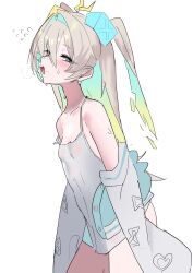 1girl absurdres akumuruji bare_legs bare_shoulders blonde_hair blue_eyes blush camisole cube_hair_ornament flat_chest from_side hair_ornament hairclip heavy_breathing highres jacket letterman_jacket leur_(voisona) long_hair looking_at_viewer open_clothes open_jacket petite revealing_clothes simple_background spaghetti_strap strap_slip sweatdrop twintails voisona white_background white_camisole