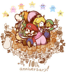 1girl 2boys admiral_bobbery anniversary bandage_on_face bandages barry barry_(paper_mario) blonde_hair blush bombette boo_(mario) book boomer bow bow_(paper_mario) bowser bowtie brown_hair carrie_(paper_mario) chain_chomp commentary_request cortez count_bleck crossed_arms crown crystal_bit crystal_king cudge_(paper_mario) dashell dimentio doopliss dottie dragon dress earrings elbow_gloves eldstar everyone facial_hair fleep flurrie food fruit general_guy glasses gloves goombario goombella goomboss grubba hat heart helmet hooktail horns huff_n._puff jewelry kakuredo_ura kalmar koopa_bros. kooper koops lakilester lava_piranha light_bulb long_hair long_sleeves lord_crump luigi macho_grubba madame_flurrie mamar mario mario_(series) military military_vehicle mimi_(paper_mario) misstar monocle motor_vehicle multiple_boys muskular mustache nastasia nintendo nokotarou o&#039;_chunks o&#039;chunks overalls pacifier paper_luigi paper_mario paper_mario:_the_thousand_year_door paper_mario_64 parakarry piccolo_(paper_mario) piranha_plant pixl princess_peach ruff_puff shoes shy_guy skolar skull slim_(paper_mario) smorg spikes star_spirits sunglasses super_mario_rpg super_paper_mario sushie tank thoreau thudley tippi_(paper_mario) tongue tongue_out top_hat tricorne tubba_blubba twink_(paper_mario) vehicle vivian_(paper_mario) watt wings x-naut yoshi