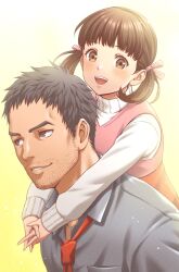 1boy 1girl beard_stubble black_eyes black_hair black_shirt blunt_bangs blush bow brown_eyes carrying child doujima_nanako doujima_ryoutarou dress facial_hair father_and_daughter hair_bow heart hetero highres light_blush long_sleeves looking_at_viewer looking_to_the_side masatoshi_1219 necktie open_mouth persona persona_4 pink_bow pink_dress red_necktie shirt short_hair shoulder_carry smile stubble sweater teeth turtleneck turtleneck_sweater twintails upper_body upper_teeth_only white_sweater