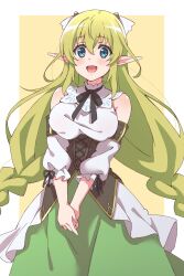 1girl bare_shoulders black_ribbon blonde_hair blue_eyes braid breasts choujin_koukousei-tachi_wa_isekai_demo_yoyuu_de_ikinuku_you_desu! detached_sleeves dress elf green_hair hair_between_eyes hair_ribbon highres karahai_(31448823) large_breasts lilulu_(choyoyu) lips long_hair looking_at_viewer low-braided_long_hair low-tied_long_hair open_mouth own_hands_together pointy_ears ribbon skirt smile solo standing twin_braids very_long_hair white_background yellow_background