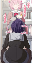 2girls ^_^ arimon_(dfrgty12) asahina_mafuyu backboob between_legs black_pantyhose black_shirt book bookshelf breasts cardigan closed_eyes clothes_lift collarbone commentary_request cunnilingus drop_shadow facing_viewer feet_out_of_frame from_behind from_below grey_serafuku hair_flaps hair_ornament hair_scrunchie high_ponytail highres indoors lifting_own_clothes medium_breasts miyamasuzaka_girls&#039;_academy_school_uniform multiple_girls neckerchief ootori_emu open_cardigan open_clothes open_mouth oral pantyhose pink_cardigan pleated_skirt ponytail project_sekai purple_hair raised_inner_eyebrows red_neckerchief sailor_collar school_uniform scrunchie serafuku shirt short_hair skirt skirt_lift sound_effects squatting standing standing_cunnilingus sweatdrop translation_request trembling wavy_mouth white_sailor_collar yellow_scrunchie yuri
