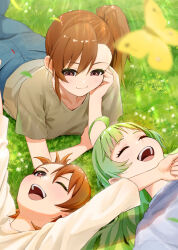 3girls ^_^ ahoge blunt_bangs blurry blurry_foreground blush brown_hair bug butterfly closed_eyes commentary_request denim depth_of_field futami_ami futami_mami grass green_hair highres idolmaster idolmaster_million_live! insect jeans kaiso_(kaisooekaki) lying multiple_girls on_back on_ground on_stomach outdoors outstretched_arms pants shimabara_elena siblings side_ponytail sisters smile twins yellow_butterfly