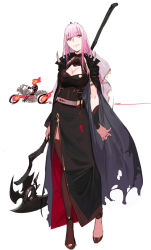 1boy 1girl breasts brown_thighhighs cape cleavage crossover fire full_body ghost_rider ghost_rider_(series) grin highres hololive hololive_english long_hair looking_at_viewer marvel mori_calliope motor_vehicle motorcycle pako_(pakosun) pink_eyes pink_hair scythe shoulder_spikes side_slit simple_background single_thighhigh smile spikes standing thighhighs veil virtual_youtuber white_background