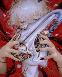 1girl abstract absurdres black_nails blue_eyes blue_eyeshadow commentary distortion eldritch_abomination english_commentary eyeball eyeshadow grey_hair hair_between_eyes half-closed_eyes hands_up highres holding horror_(theme) makeup mikasamu nail_polish original red_background short_hair tooth