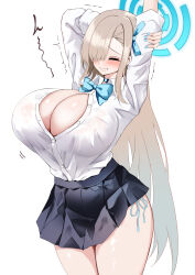 1girl absurdres arms_behind_head asuna_(blue_archive) asuna_(school_uniform)_(blue_archive) blonde_hair blue_archive blue_nails blue_ribbon blush breasts cleavage closed_eyes grin hair_over_one_eye hair_ribbon halo highres kokihanada large_breasts long_hair neck_ribbon pleated_skirt ribbon school_uniform simple_background skirt smile solo stretching very_long_hair white_background