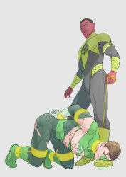 2boys abs artist_name ass bara black_bodysuit black_hair bodysuit boots bound bound_arms bound_wrists closed_mouth colored_skin dc_comics domino_mask evinist facial_hair gloves green_lantern green_lantern_(series) grey_background hal_jordan highres holding holding_leash jewelry large_pectorals leash male_focus mask multiple_boys muscular muscular_male mustache nipples pectorals red_skin ring short_hair simple_background sinestro smile torn_bodysuit torn_clothes torn_mask white_gloves yaoi yellow_bodysuit