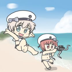 2girls abyssal_ship beach bikini bikini_skirt blonde_hair blue_sky brown_eyes brown_hair chibi cloud day enemy_naval_mine_(kancolle) ferret-san full_body green_eyes hat horizon kantai_collection multiple_girls ocean outdoors sailor_bikini sailor_collar sailor_hat short_hair side-tie_bikini_bottom sky swimsuit teeth tentacles white_bikini white_hat white_sailor_collar z1_leberecht_maass_(kancolle) z1_leberecht_maass_(swimsuit)_(kancolle) z3_max_schultz_(kancolle) z3_max_schultz_(swimsuit)_(kancolle)