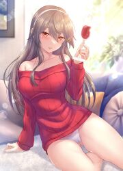 1girl alcohol bare_shoulders blurry blush bokeh breasts commentary_request cup cushion depth_of_field gluteal_fold grey_hair hair_between_eyes hair_ornament hairband hairclip haruna_(kancolle) holding holding_cup kantai_collection long_hair looking_at_viewer medium_breasts no_pants off-shoulder_sweater off_shoulder orange_eyes panties red_sweater ribbed_sweater ryu-akt sidelocks sitting solo sweater underwear white_hairband white_panties wine
