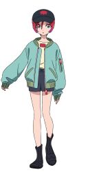 1girl amate_yuzuriha aqua_eyes baseball_cap boots full_body gundam gundam_gquuuuuux hair_between_eyes hat highres jacket official_art open_clothes open_jacket red_hair short_hair shorts solo transparent_background