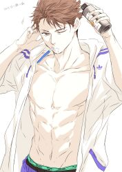 Rule 34 | 1boy, abs, arm behind head, arms up, bare pectorals, black male underwear, bottle, brown eyes, brown hair, closed mouth, collarbone, commentary request, cowboy shot, facial hair, haikyuu!!, highres, holding, holding bottle, hood, hood down, hooded jacket, jacket, male focus, male underwear, male underwear peek, motion lines, mustache, navel, oikawa tooru (haikyuu!!), one eye closed, pectorals, sac hi9, short hair, short sideburns, solo, toned, toned male, toothbrush, toothbrush mustache, toothpaste, underwear, white background, white jacket
