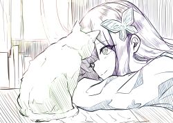1girl arm_on_table assault_lily blush book butterfly_hair_ornament closed_mouth commentary curtains funada_kiito green_eyes hair_ornament head_rest highres houji_tea_latte jacket long_hair long_sleeves looking_at_animal mole mole_under_eye monochrome purple_hair smile solo spot_color symbol-only_commentary table upper_body window
