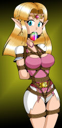 1girl absurdres arms_behind_back ball_gag bdsm belly blonde_hair bondage bound bound_arms bound_legs bound_torso bound_wrists breasts cleavage crotch_rope female_focus gag gagged highres improvised_gag original princess_zelda raya100 shibari shibari_over_clothes skindentation solo torn_clothes