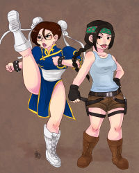 2girls american_dad! artist_request bad_id black_hair boots breasts brown_hair capcom chun-li chun-li_(cosplay) cosplay family_guy glasses gloves hayley_smith highres lara_croft lara_croft_(cosplay) leg_up meg_griffin multiple_girls spikes street_fighter tomb_raider