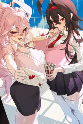 2girls :3 absurdres ahoge ass bad_tag bandaid bandaid_on_face bandaid_on_nose black_skirt blush breasts brown_hair cake cake_slice candle collared_shirt commentary commentary_request crossed_bangs day double-parted_bangs english_commentary envelope fang feet_out_of_frame food fork hair_between_eyes hair_intakes hairband hand_up highres holding holding_envelope holding_ticket huge_ahoge huge_breasts indoors large_breasts long_hair long_sleeves mixed-language_commentary multiple_girls necktie ong_hair open_mouth original outstretched_arm parted_lips pencil_skirt pink_shirt pink_vest pleated_skirt ponytail rame_tree_(heuksaek) red_eyes red_hairband red_necktie rima_(0136) rime_tree_(heuksaek) shirt short_sleeves skirt smile spoon standing strawberry_shortcake sunlight thighhighs ticket vest white_shirt white_thighhighs window window_shadow