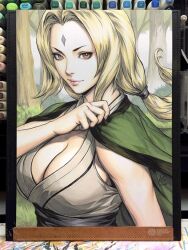 Rule 34 | 1girl, art tools in frame, blonde hair, breasts, brown eyes, bush, cleavage, eyelashes, facial mark, forehead mark, highres, japanese clothes, large breasts, low twintails, naruto (series), solo, stanley lau, traditional media, tree, tsunade (naruto), twintails, upper body