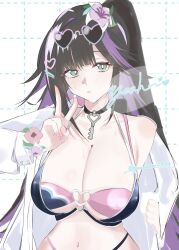 1girl abigail_(black_survival) absurdres bare_shoulders bikini black_bikini black_choker black_hair black_survival blush breasts choker cleavage colored_inner_hair eternal_return:_black_survival green_eyes hair_ribbon highres jacket large_breasts layered_bikini long_hair looking_at_viewer multicolored_hair navel official_alternate_costume pink_bikini purple_hair ribbon simple_background solo stomach streaked_hair string_bikini sunglasses swimsuit thighs two-tone_hair v white_background white_jacket yumekou0839