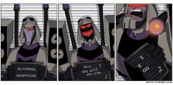 3koma angry assault_visor attack blitzwing cannon comic crazy decepticon english_text grin helmet jitome mecha minttu_hynninen monocle mugshot multiple_persona no_humans red_eyes robot sequential shouting smile transformers transformers_animated visor