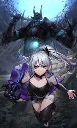 1boy 1girl absurdres armor black_dress black_gloves black_ribbon black_sclera blue_eyes blue_sky breasts claws cleavage closed_mouth colored_sclera dress eris_(atelier951) giant gloves glowing glowing_eyes grey_hair high_ponytail highres holding holding_sword holding_weapon horns jewelry looking_at_viewer monster neonbeat non-web_source original pauldrons ponytail ribbon ring running see-through_clothes shoulder_armor skull sky small_breasts stirrup_legwear sword thighhighs thumb_ring toeless_legwear weapon