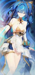 1girl absurdres ahoge ancient_greek_clothes armlet bare_shoulders blue_eyes blue_hair blue_skirt breasts cleavage closed_mouth commentary gold_bra greco-roman_clothes hair_ornament head_wreath highres iuno_(wuthering_waves) jewelry kuuro_(kuuroart) medium_breasts showgirl_skirt skirt smile solo thighs wuthering_waves