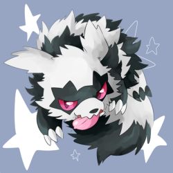 blue_background claws colored_sclera drooling full_body galarian_form galarian_zigzagoon gen_3_pokemon gen_8_pokemon looking_at_viewer nintendo no_humans open_mouth pink_sclera pokemon pokemon_(creature) pokemon_focus pokemon_swsh purple_eyes saliva sharp_teeth simple_background smile solo star_(symbol) teeth tongue tongue_out waribashi_(warenuhasi) zigzagoon