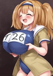 Rule 34 | 1girl, bar censor, blue one-piece swimsuit, breasts, censored, closed eyes, clothed female nude male, clueless, commentary request, commission, cowboy shot, from side, grabbing own breast, groin, hairband, hetero, highleg, highres, huge breasts, i-26 (kancolle), imminent paizuri, jacket, kantai collection, looking at another, nene (atsushi hamano), nude, one-piece swimsuit, open mouth, orange eyes, orange hair, pixiv commission, sailor collar, school swimsuit, second-party source, smile, solo, sweat, sweatdrop, swimsuit, swimsuit under clothes, tongue, two side up, white sailor collar