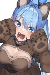 1girl animal_collar animal_costume animal_ears aqua_(konosuba) belt belt_collar blue_eyes blue_hair blush breasts brown_belt brown_dress brown_gloves cleavage collar commentary cosplay dress english_commentary gao gloves hair_between_eyes hair_ornament hair_rings halloween_costume hands_on_own_face kono_subarashii_sekai_ni_shukufuku_wo! large_breasts long_hair looking_at_viewer medium_breasts open_mouth sarasara_shoyu simple_background single_hair_ring skirt smile solo teeth tongue tusks very_long_hair white_background