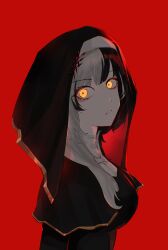 1girl absurdres black_hair grey_hair highres hololive hololive_english kurochanai long_hair looking_at_viewer multicolored_hair nun parted_lips red_background shiori_novella simple_background solo split-color_hair two-tone_hair virtual_youtuber yellow_eyes