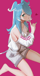 1girl :o \n/ absurdres asymmetrical_bangs asymmetrical_sidelocks barefoot blue_hair blue_nails blue_wings breasts collarbone colored_tips commentary cross-shaped_pupils double_vertical_stripe elira_pendora elira_pendora_(1st_costume) english_commentary eyebrows_hidden_by_hair finger_to_own_chin fingernails hair_intakes hair_over_one_eye hair_over_shoulder hair_wings half-closed_eyes hand_up head_wings heart highres invisible_floor karassawa legs_apart long_eyebrows long_hair long_sleeves looking_at_viewer looking_to_the_side multicolored_hair narrowed_eyes nijisanji nijisanji_en off-shoulder_sweater off_shoulder open_mouth overall_shorts overalls parted_bangs pink_background pink_stripes puffy_long_sleeves puffy_sleeves raised_eyebrows raised_inner_eyebrows simple_background single_bare_shoulder single_off_shoulder sitting solo sweater symbol-shaped_pupils thick_eyelashes thighs two-tone_hair two-tone_wings virtual_youtuber wariza white_hair white_overalls white_sweater white_wings wings
