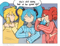 2girls ahoge akita_neru aqua_hair bed blonde_hair blue_pajamas drill_hair english_text hatsune_miku highres holding holding_phone kasane_teto long_hair long_sleeves midriff mitsuko_tan multiple_girls navel pajamas phone red_hair red_pajamas side_ponytail sleeves_past_wrists speech_bubble triple_baka_(vocaloid) twin_drills twintails utau vocaloid yellow_pajamas