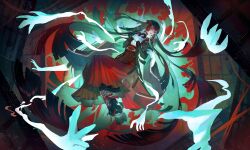 Rule 34 | 1girl, absurdres, aqua pupils, black hair, blunt bangs, blunt ends, commentary, disembodied hand, dislyte, fire, floating hair, ghost hands, green eyes, green fire, hair ribbon, hands on own chest, highres, japanese clothes, juliet sleeves, long hair, long sleeves, looking at viewer, looking to the side, multicolored hair, nun eldora, parted lips, puffy sleeves, red hair, red lips, red ribbon, red skirt, ribbon, skirt, solo, very long hair, yuuhime (izanami) (dislyte)